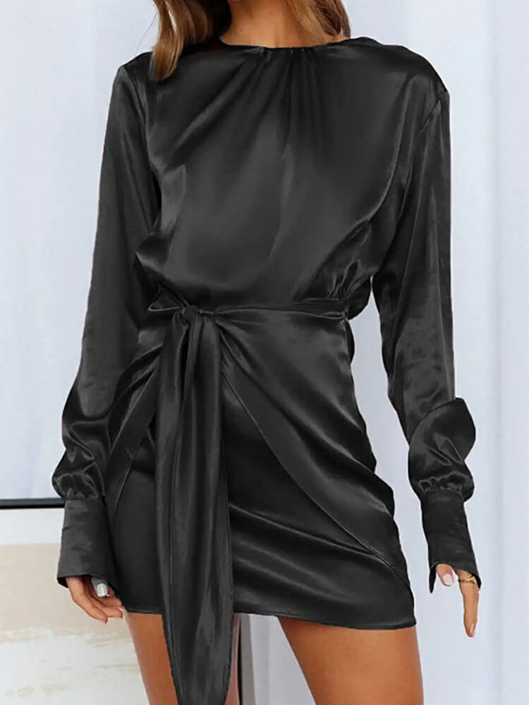 Crew Neck Flared Cuff Long Sleeve Self Tie Waist Satin Wrap Mini Dress