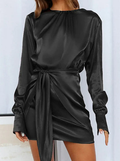 Crew Neck Flared Cuff Long Sleeve Self Tie Waist Satin Wrap Mini Dress