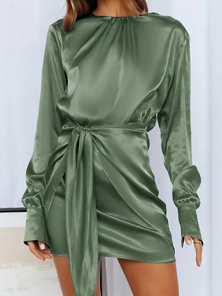 Crew Neck Flared Cuff Long Sleeve Self Tie Waist Satin Wrap Mini Dress