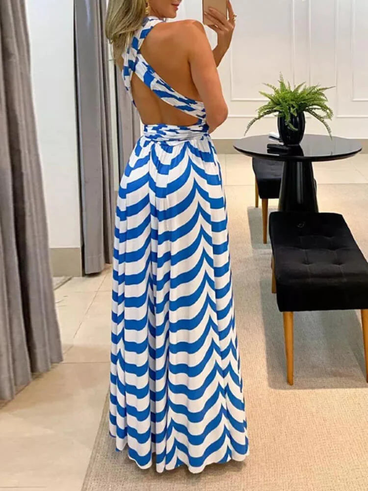 Halter Cross Front Belted Pleated Botanical Print Side Slit Maxi Dress