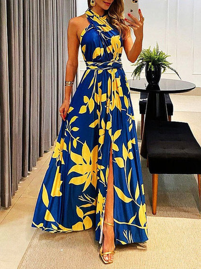 Halter Cross Front Belted Pleated Botanical Print Side Slit Maxi Dress
