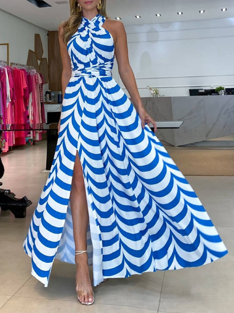 Halter Cross Front Belted Pleated Botanical Print Side Slit Maxi Dress