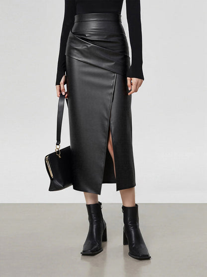 Women's Midi Dress Synthetic Leather Elegant With Slit