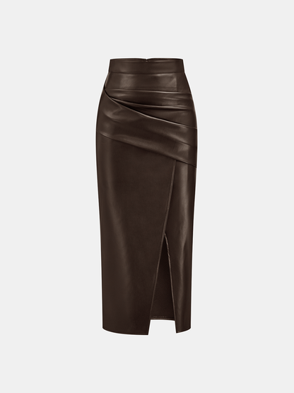 Women's Midi Dress Synthetic Leather Elegant With Slit