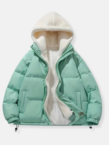 Women's Padded Puffer Jacket Quilted with Fleece Lining and Adjustable Hood