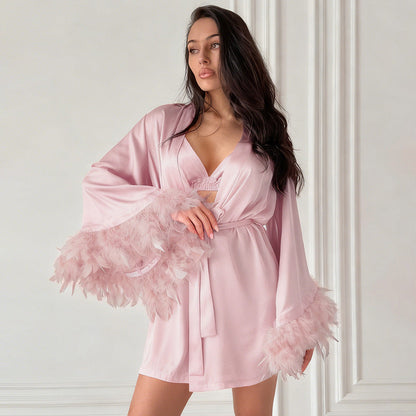 Navy satin feather trim three piece pajama set