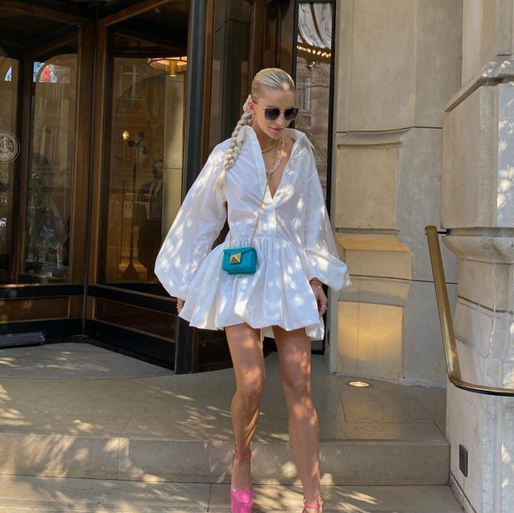 White puff sleeve collar mini shirt dress