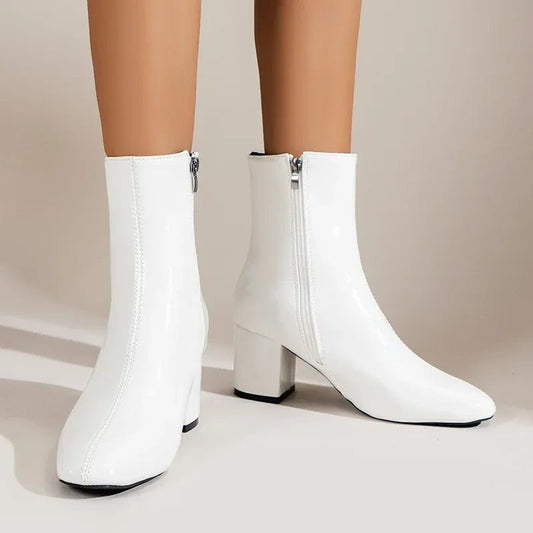 Women’s Ankle Boots – Block Heel Zip-Up Boots with Pointed Toe