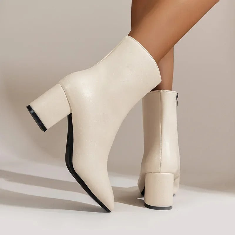 Women’s Ankle Boots – Block Heel Zip-Up Boots with Pointed Toe