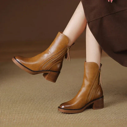 Women’s Block Heel Zip Boots – Sleek Round-Toe Ankle Style
