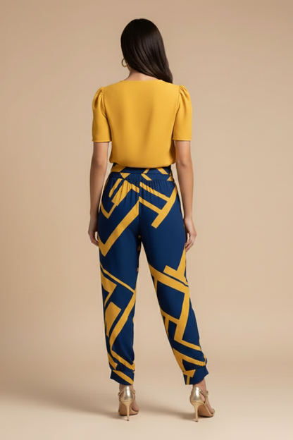 Women’s Blouse and Trousers Set – V-Neck Short Sleeve Top with Patterned Straight-Leg Trousers for Smart Casual Wear