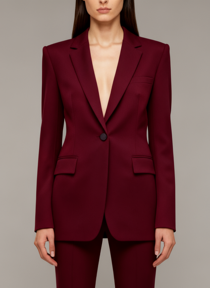 Women’s Burgundy Tailored Two-Piece Suit – Sculpted Blazer and Flared Trousers Set