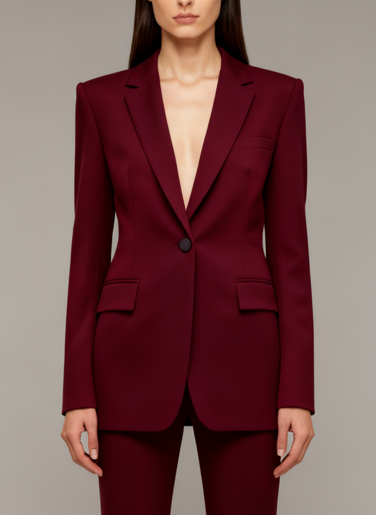 Women’s Burgundy Tailored Two-Piece Suit – Sculpted Blazer and Flared Trousers Set