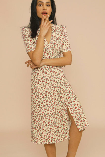 Women’s Floral Midi Dress – V-Neck Garden Party Elegance