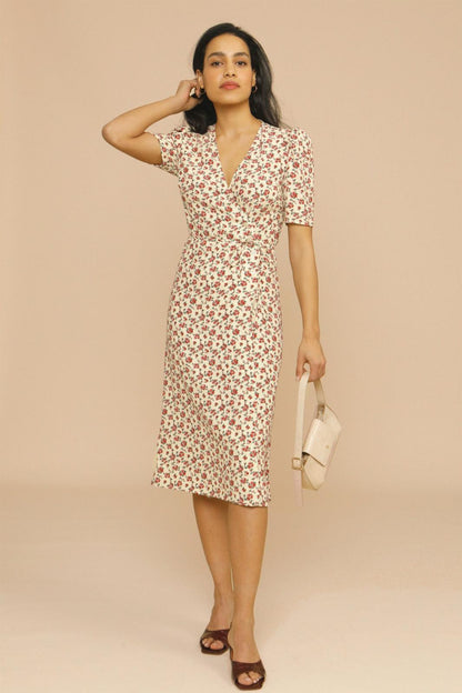 Women’s Floral Midi Dress – V-Neck Garden Party Elegance