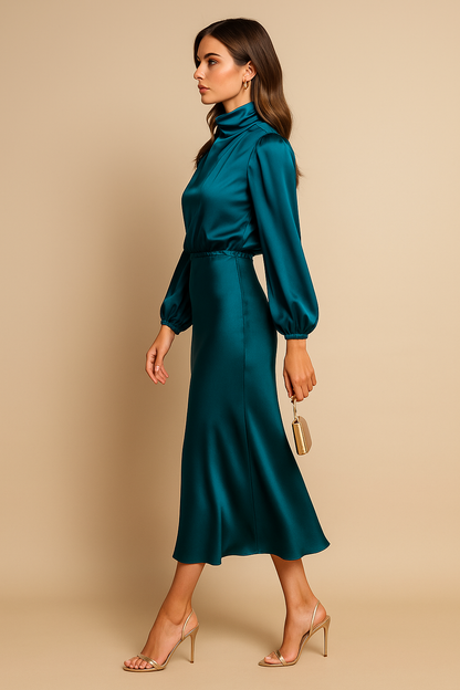 Women’s High Neck Midi Dress – Elegant High Waist Silhouette