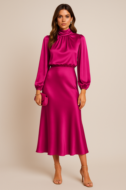 Women’s High Neck Midi Dress – Elegant High Waist Silhouette