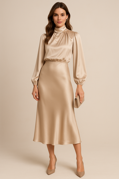 Women’s High Neck Midi Dress – Elegant High Waist Silhouette