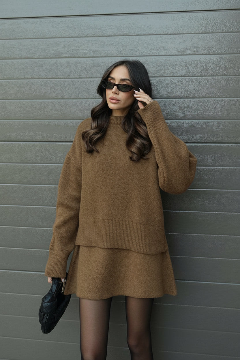 Women’s Knitted Sweater & Skirt Set – Long Sleeve, Mini, Co-Ord