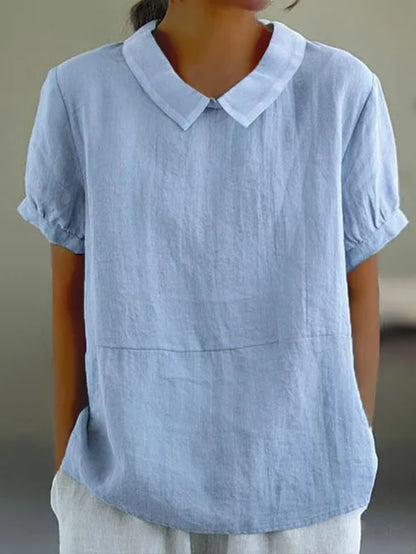 Women’s Linen Short Sleeve Blouse – Regular Fit – Peter Pan Collar