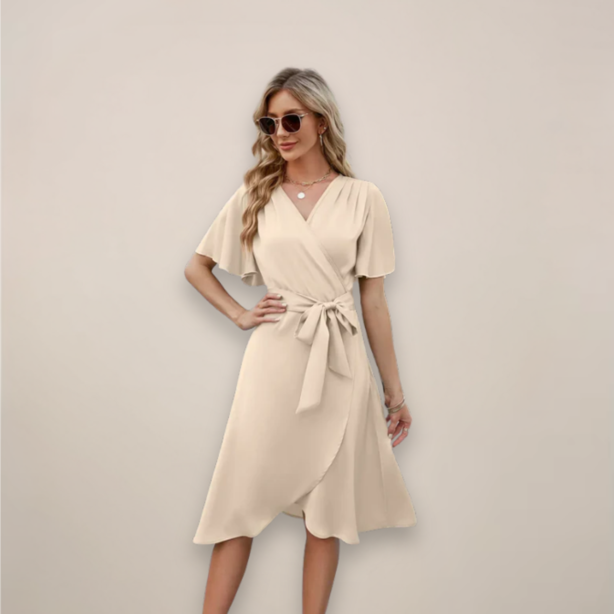 Women’s Midi Wrap Dress with Tie Detail – Elegant V-Neck Silhouette
