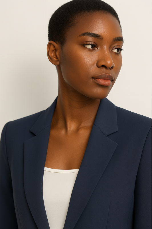 Women’s Navy Blue Trouser Suit – Beige Tailored Blazer & Straight-Leg Trousers