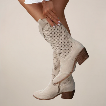 Women’s Perforated Western Mid-Calf Boots - Breathable Dots Design