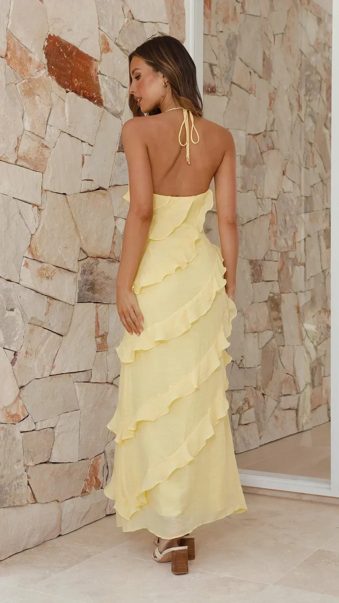 Women’s Ruffle Maxi Dress – Halter Neck, Tiered Layers