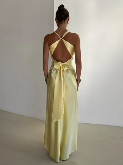Women’s Satin Halter Neck Maxi Dress – Ruched Backless Evening Gown