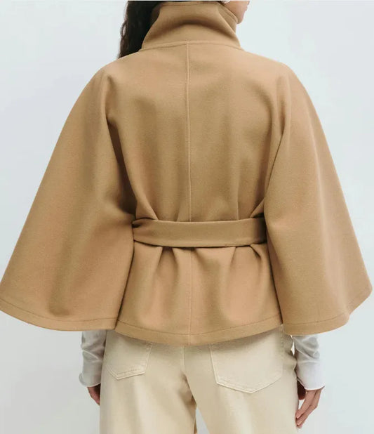 Women’s Short Cape Coat – Funnel Neck, Belted Waist, Cape Sleeves