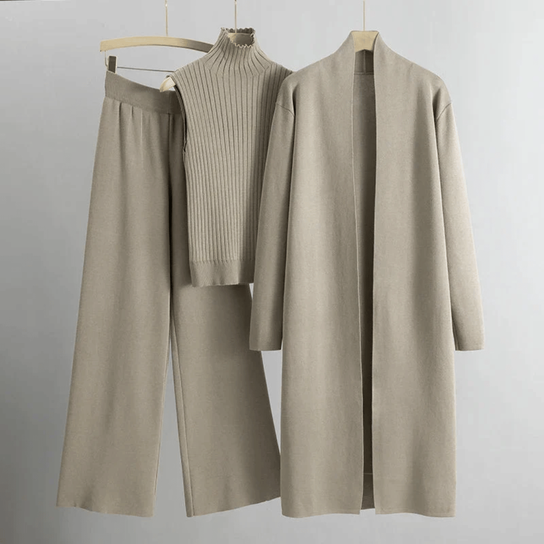 Women’s Three-Piece Lounge Set – Ribbed Knit Top, Wide-Leg Trousers & Longline Cardigan