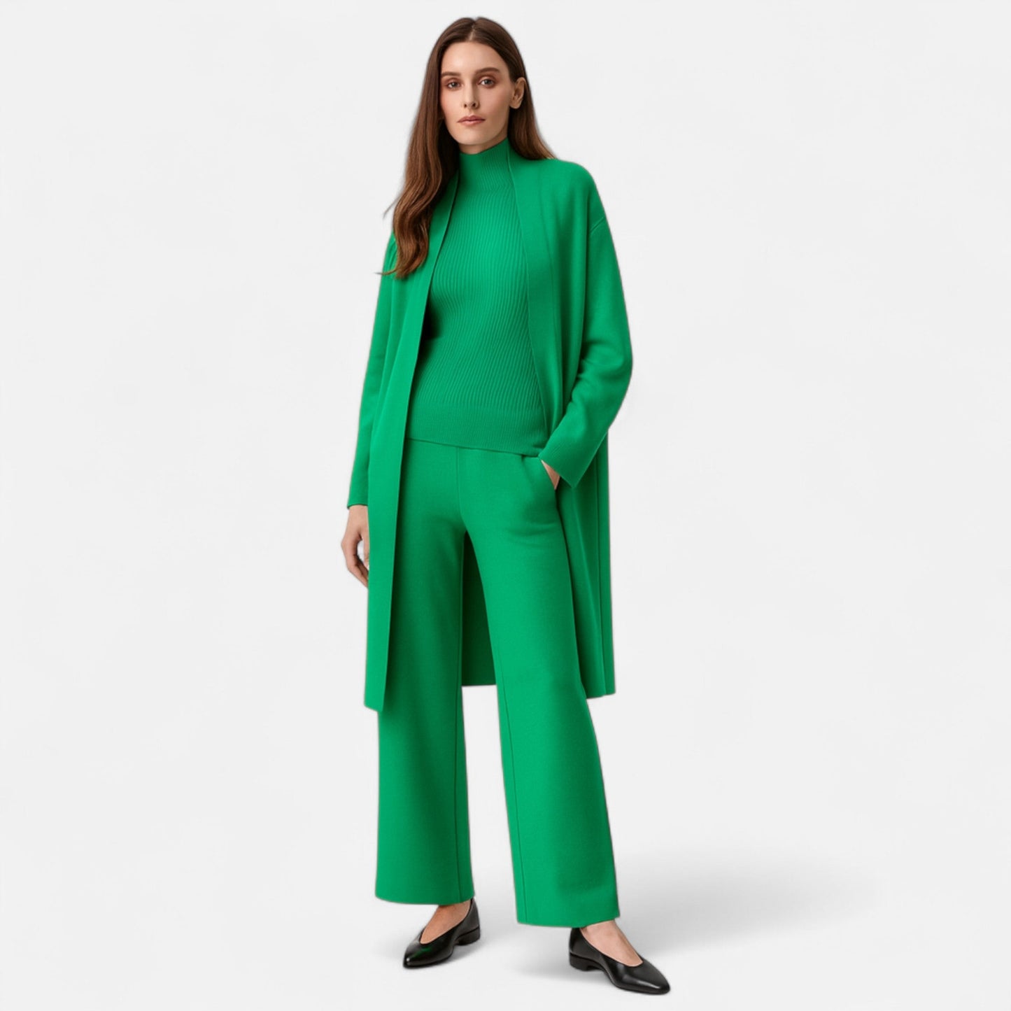 Women’s Three-Piece Set – Sleeveless Top, Wide-Leg Trousers & Longline Cardigan