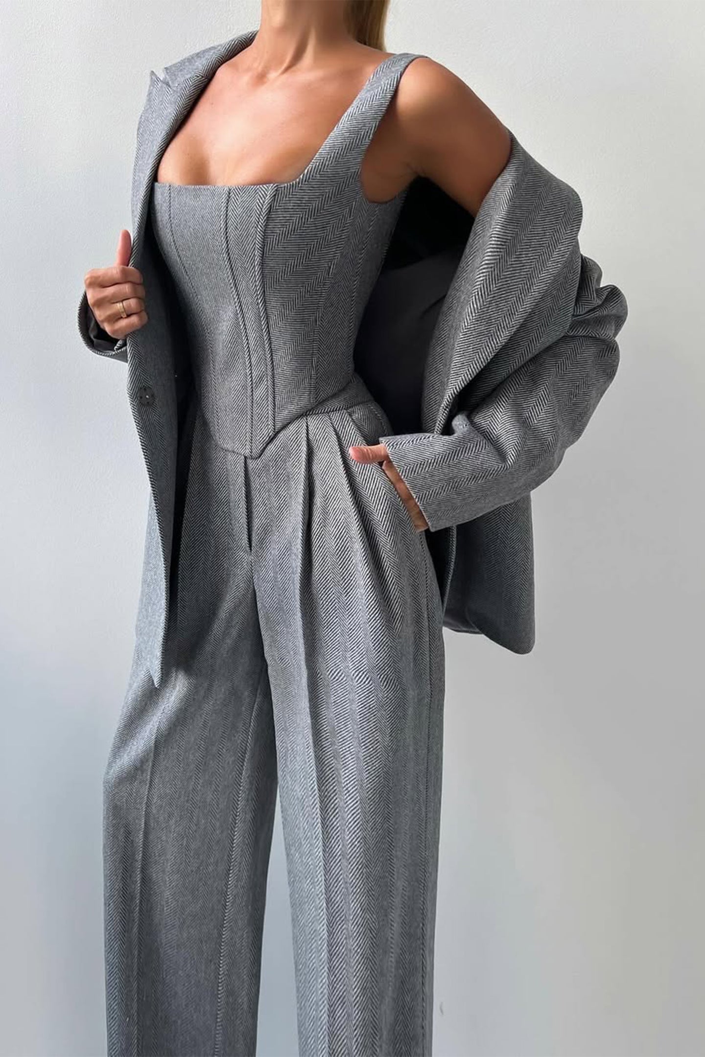 Women’s Three-Piece Trouser Suit – Double-Breasted Blazer, Corset Top, Wide-Leg