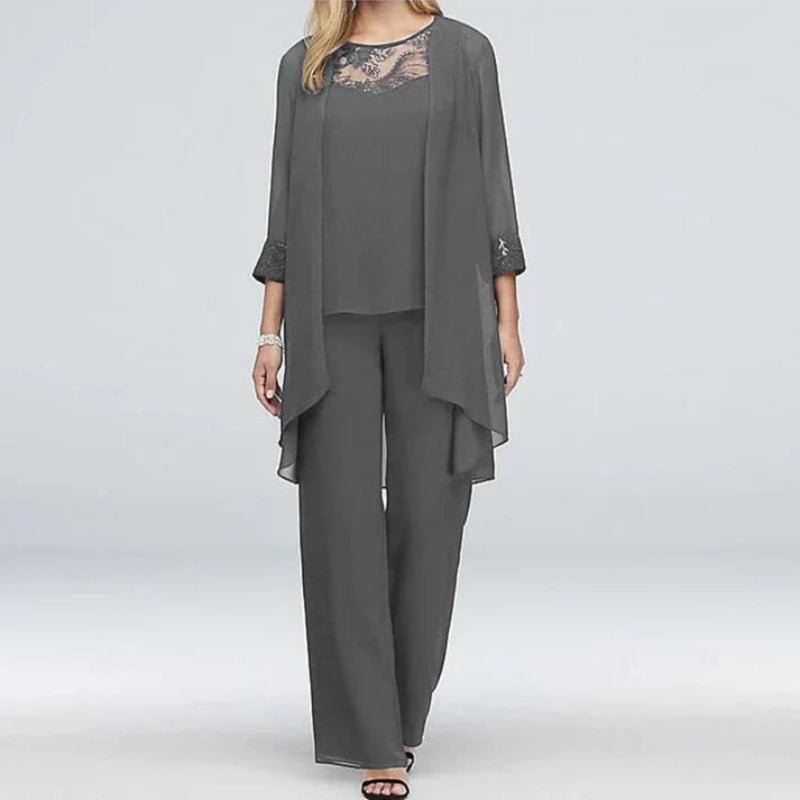 Women’s Three-Piece Wide-Leg Trousers & Longline Jacket Set – Formal Occasion Wear