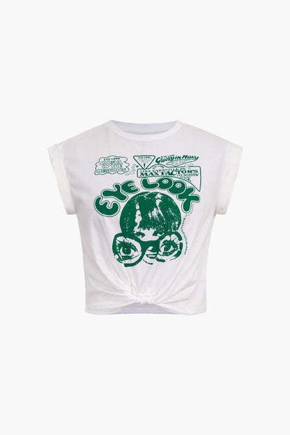 Womens Graphic Tees Rolled Sleeves Crop Top