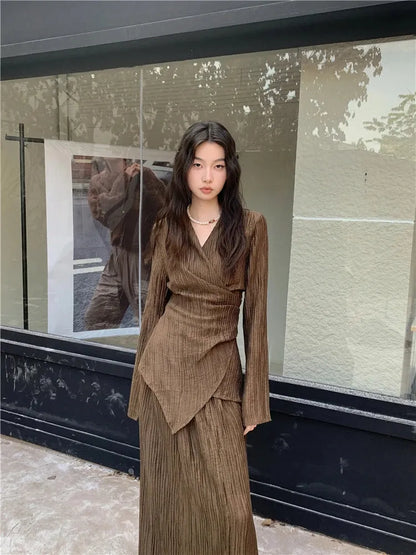 Wrap Around Blouse & Maxi Skirt Two Piece Set