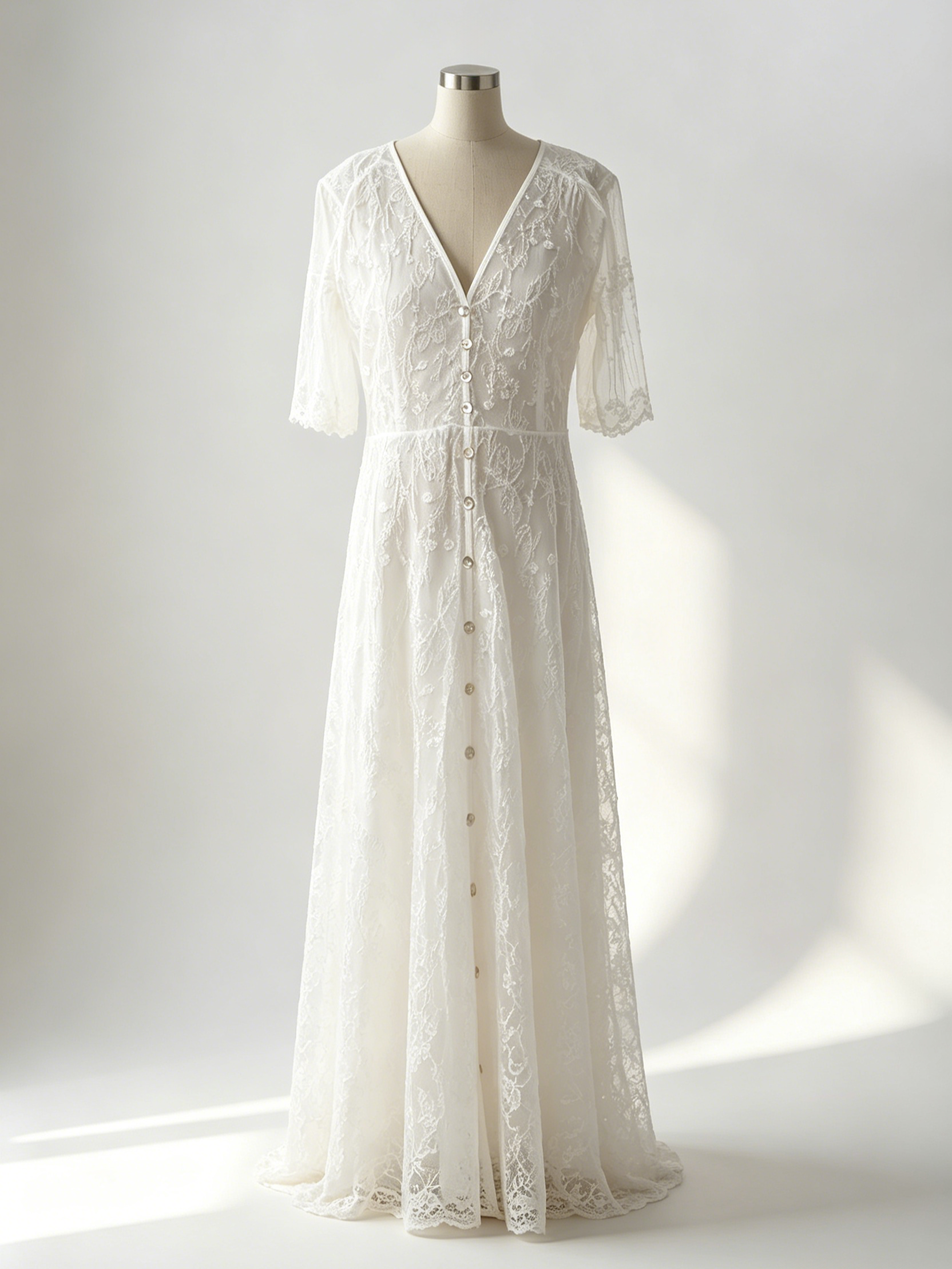 White Lace Maxi Boho Dress for Women - Embroidery Button Front Short Sleeves High Low Dress - Summer Beach Bridal Party Wear 2026