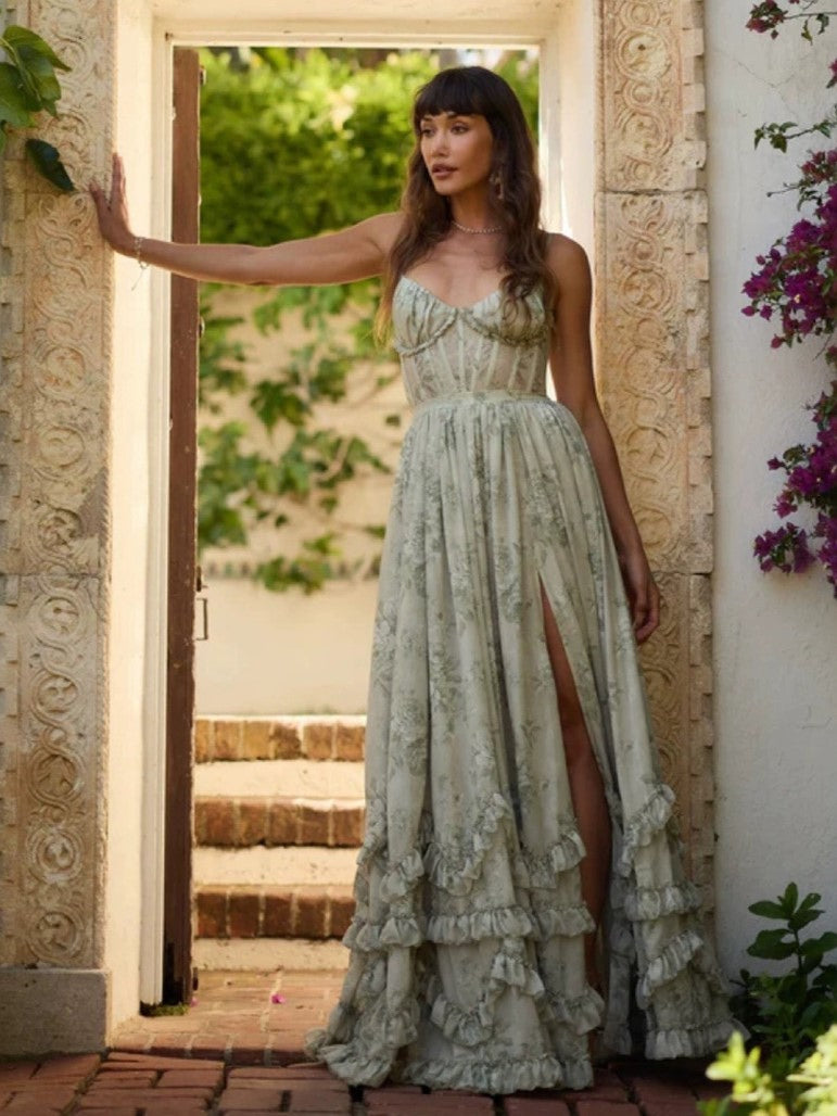 Floral Layered Ruffles Maxi Party Dress High Slit Strap Dress 2026