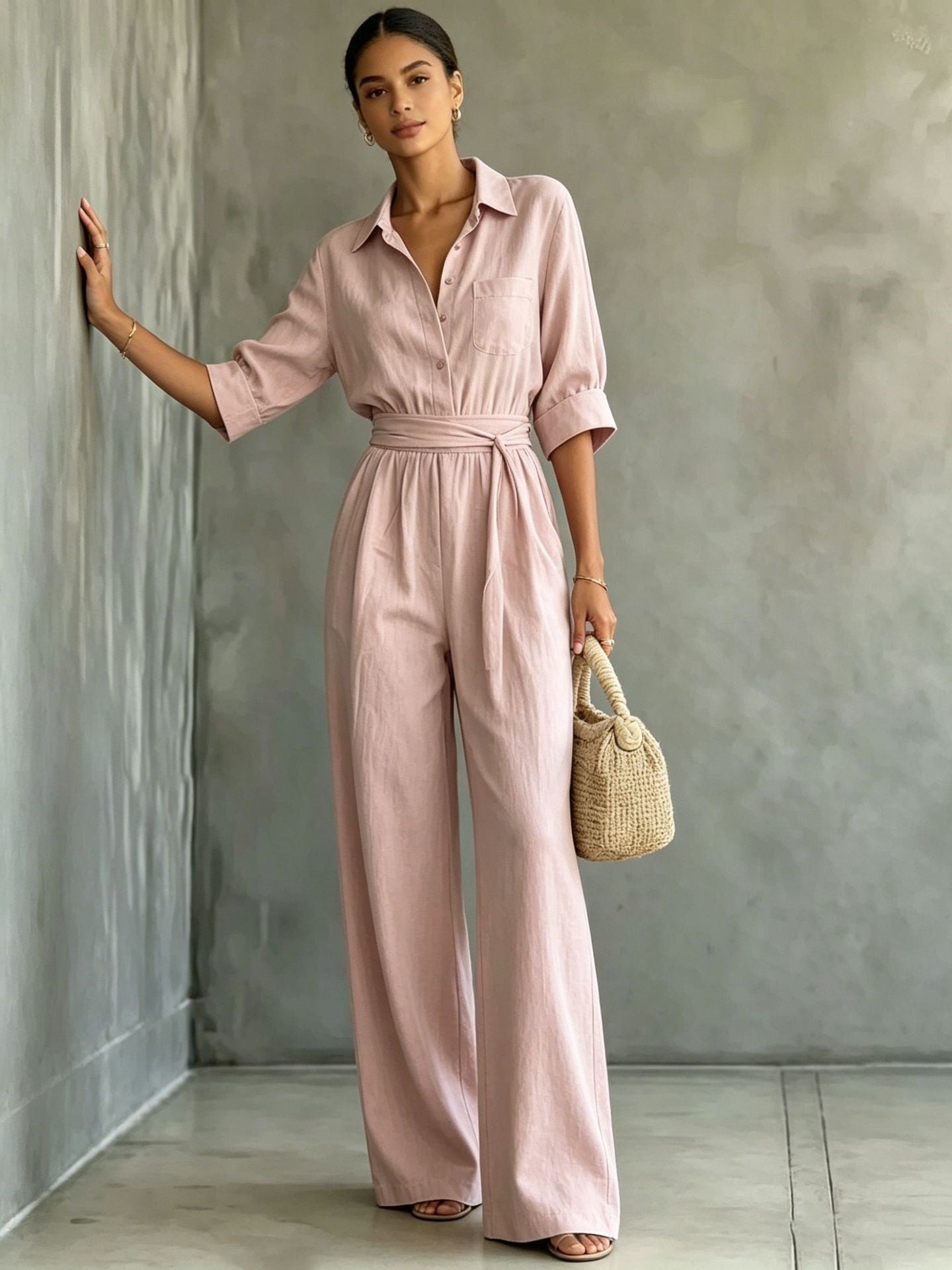 Macaron Solid Color Tie-waist Belt Pocket Two-piece Set