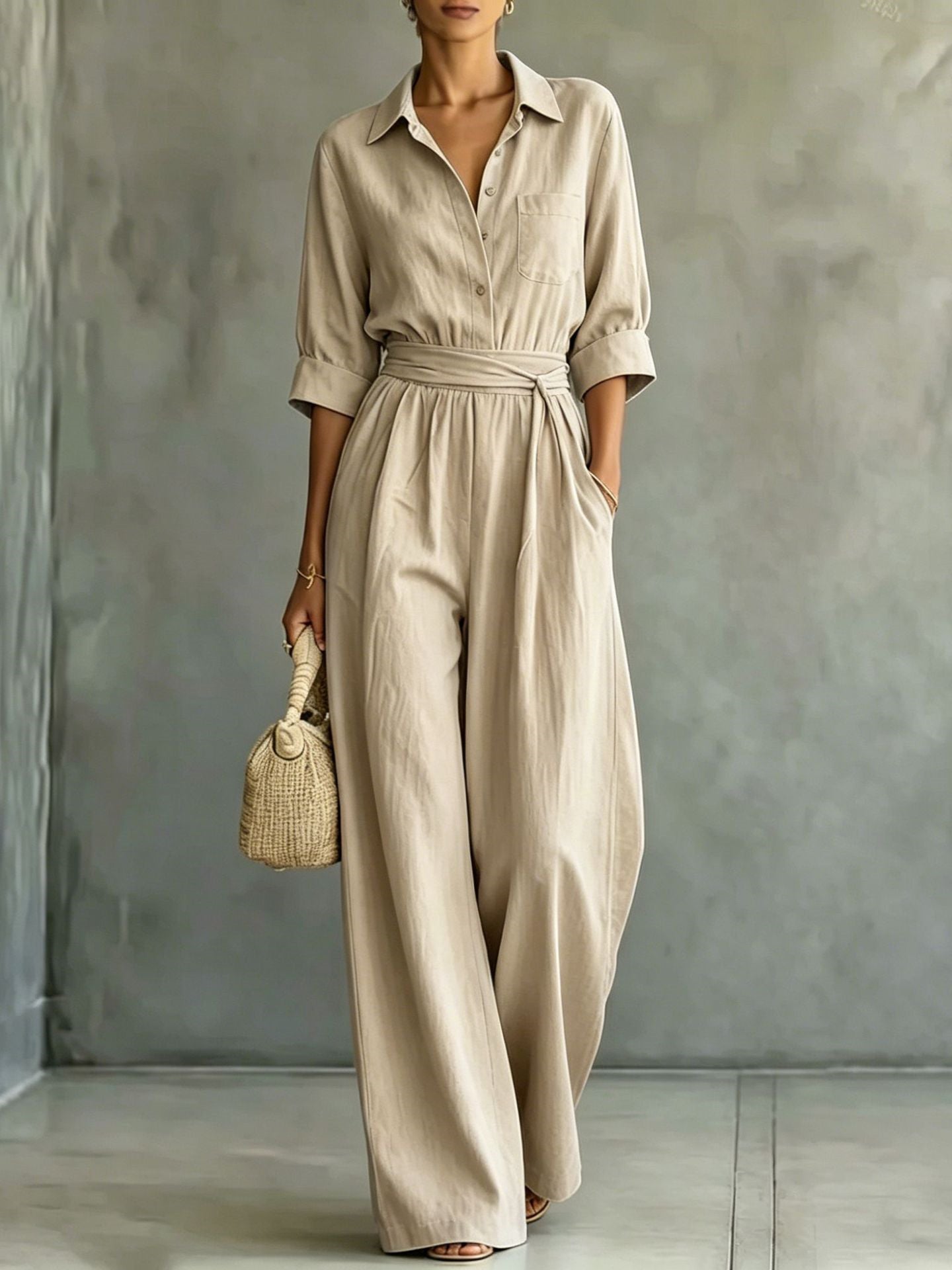 Macaron Solid Color Tie-waist Belt Pocket Two-piece Set
