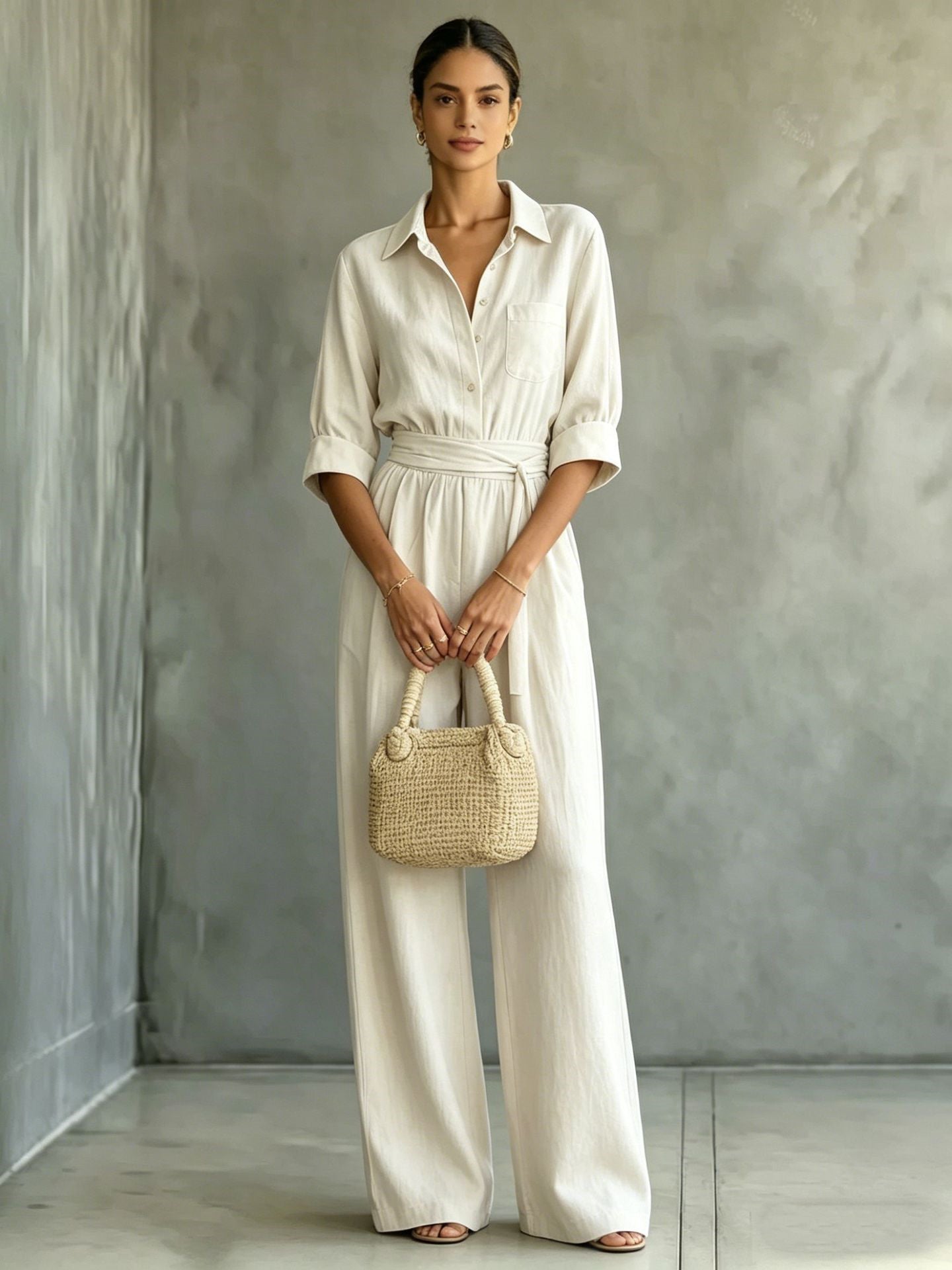 Macaron Solid Color Tie-waist Belt Pocket Two-piece Set