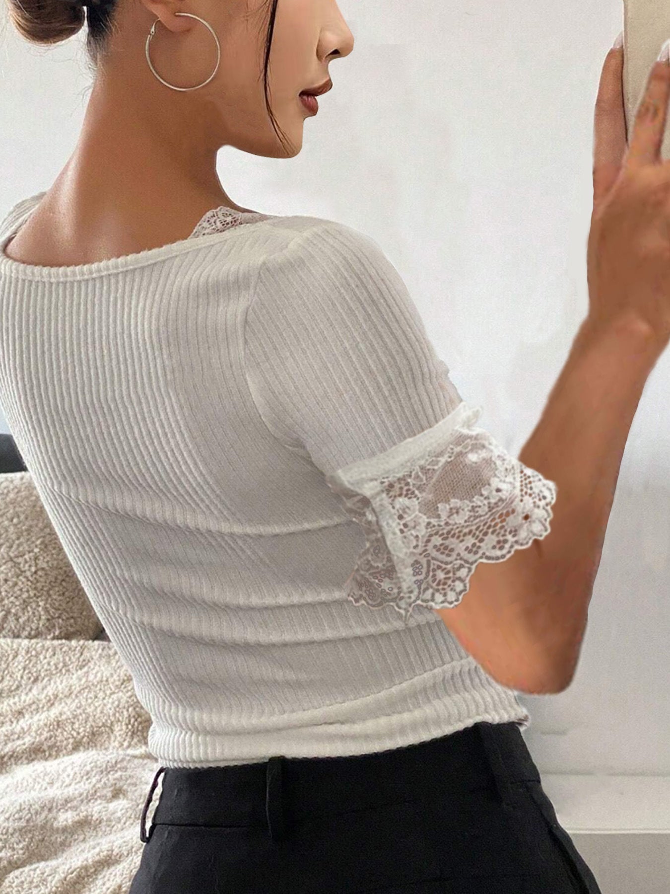 Women's Lace Solid Color T-shirt