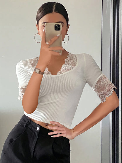 Women's Lace Solid Color T-shirt