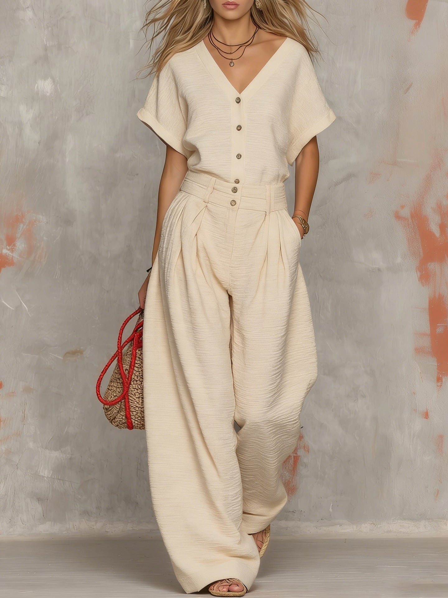 Solid Color Button-down Collar Jumpsuit