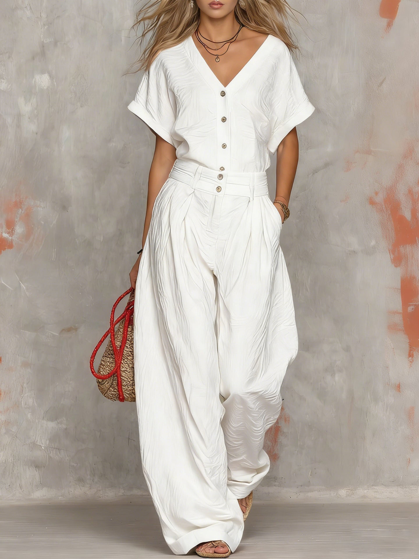 Solid Color Button-down Collar Jumpsuit