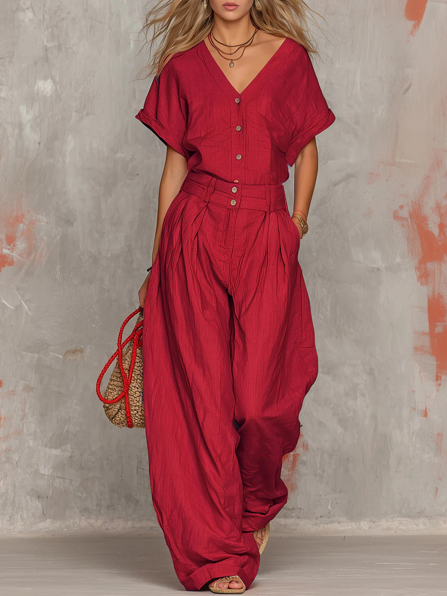 Solid Color Button-down Collar Jumpsuit