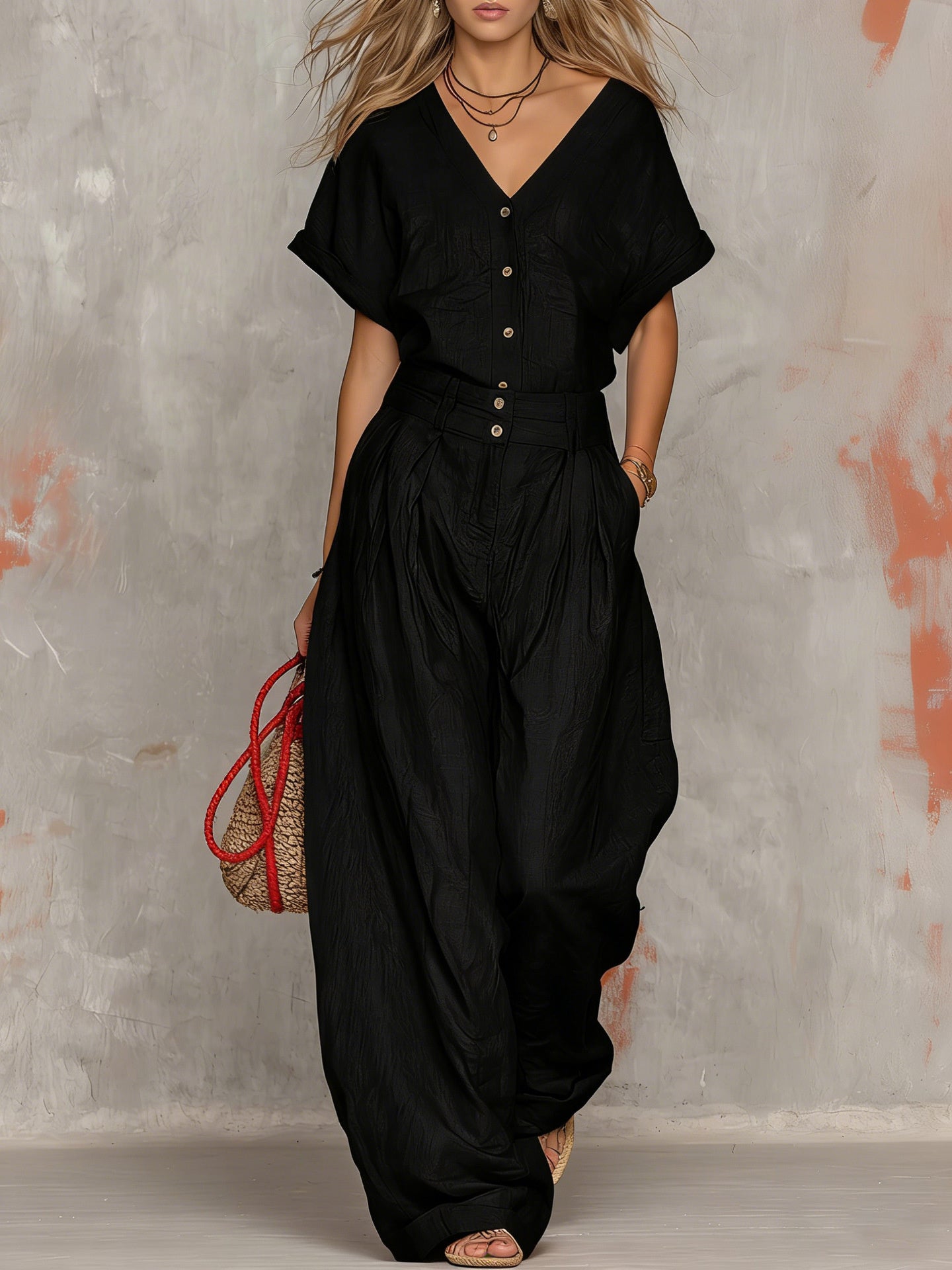 Solid Color Button-down Collar Jumpsuit