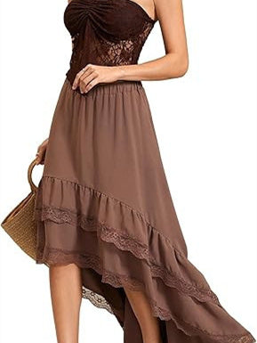 Lace Striped Plaid Midi Skirt For Women