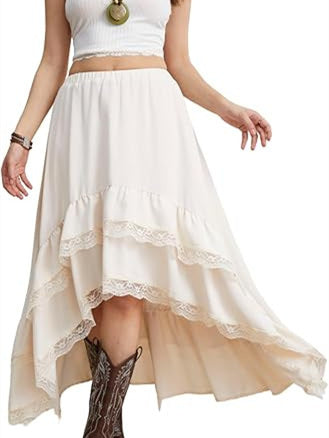 Lace Striped Plaid Midi Skirt For Women