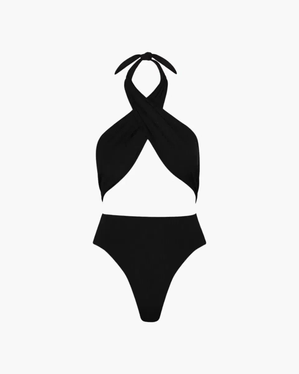 | Cross-over front black one-piece bodysuit